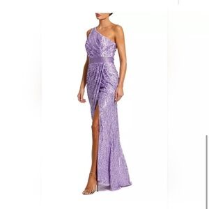New | Mac DUGGAL 5687 Lilac Sequined One Shoulder
Draped Lace Up Gown Size 2